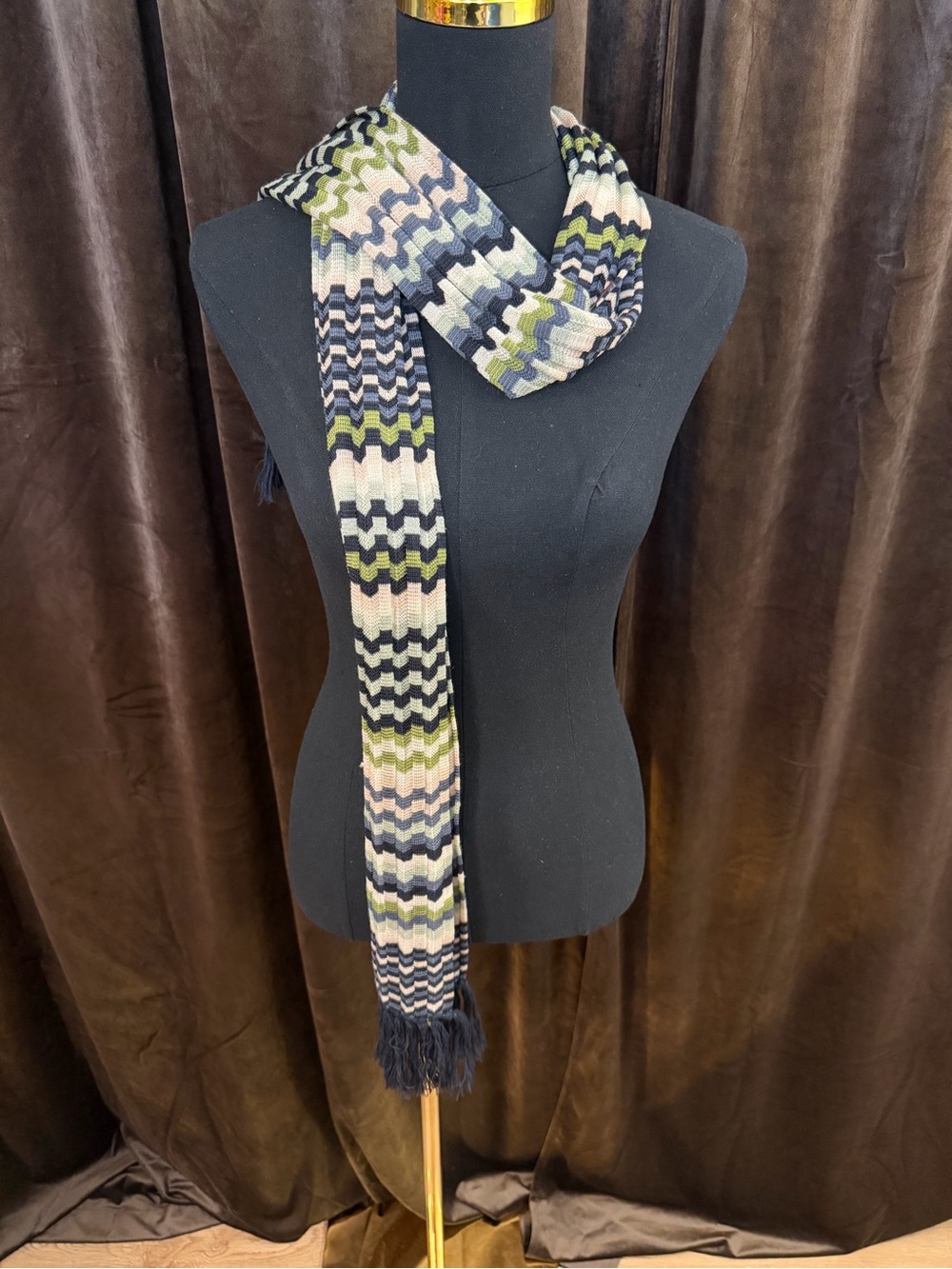 Missoni Zigzag Knit Scarf in Navy, Olive, Pink & Cream